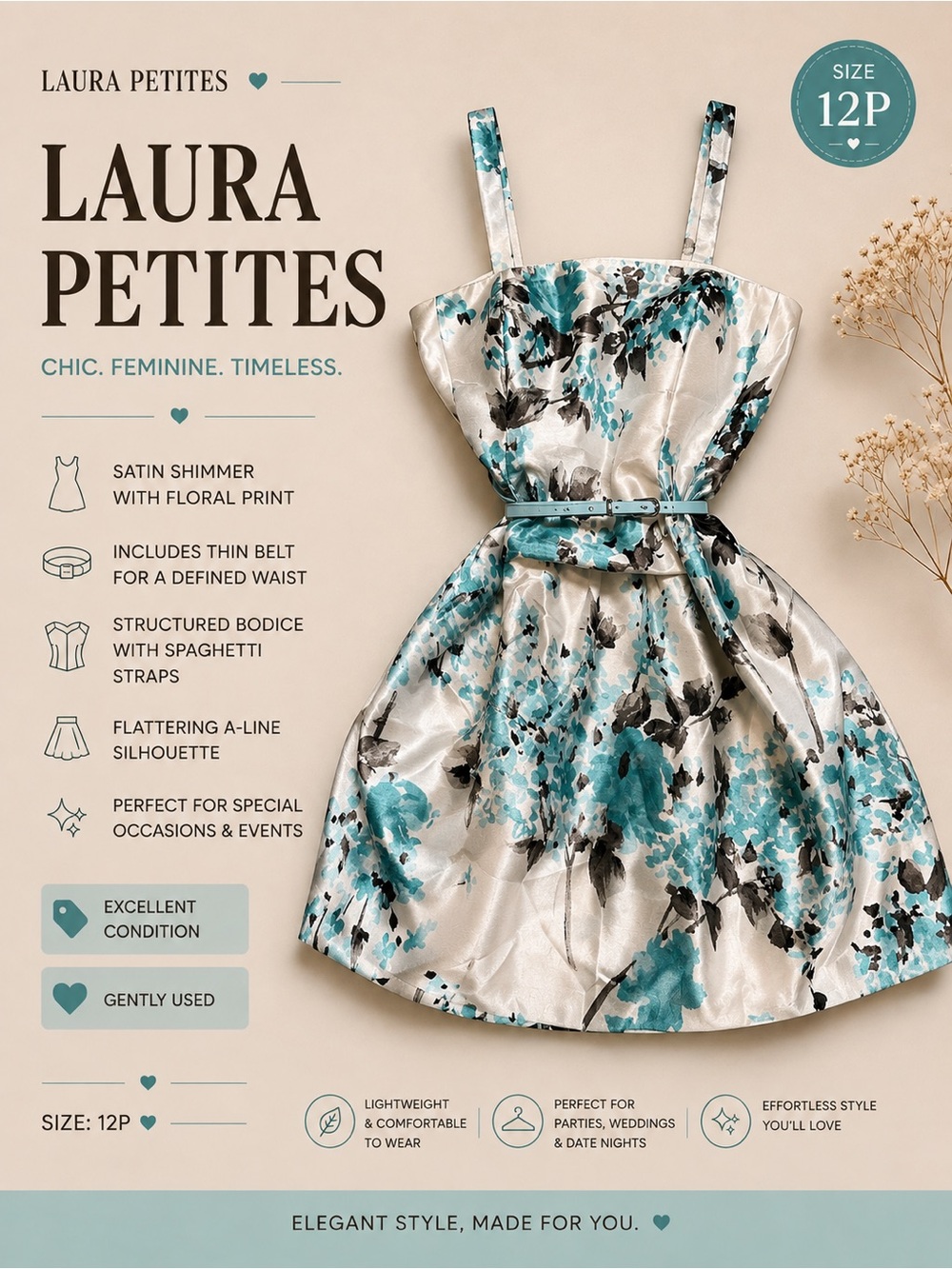Laura Petites Floral Satin Fit & Flare Dress with Belt | Size 12P